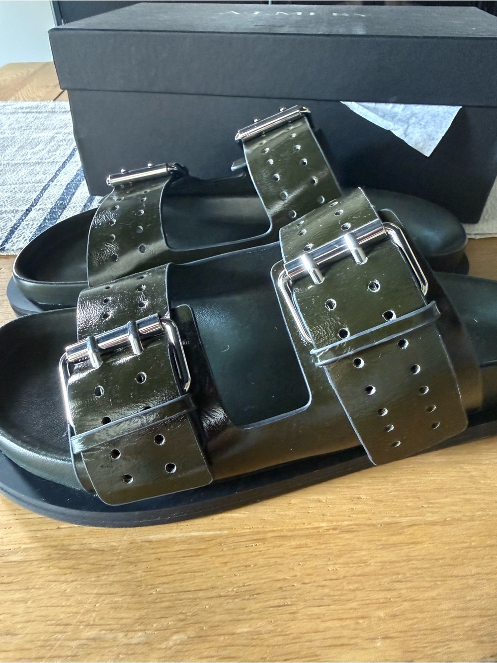 A.Emery Leon Double-Buckle Slide Sandals in Dark Olive